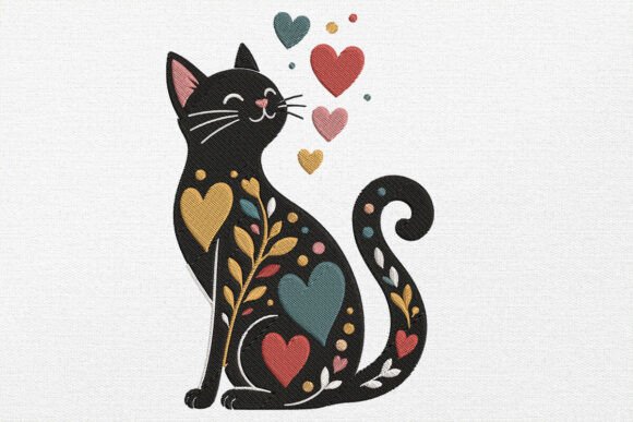 Cat Embroidery Design: Minimalist Wildflower Charm